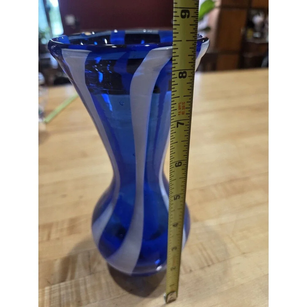 Vintage Cobalt Blue and White Swirl Hand Blown Art Glass 8 Inch Hourglass Vase